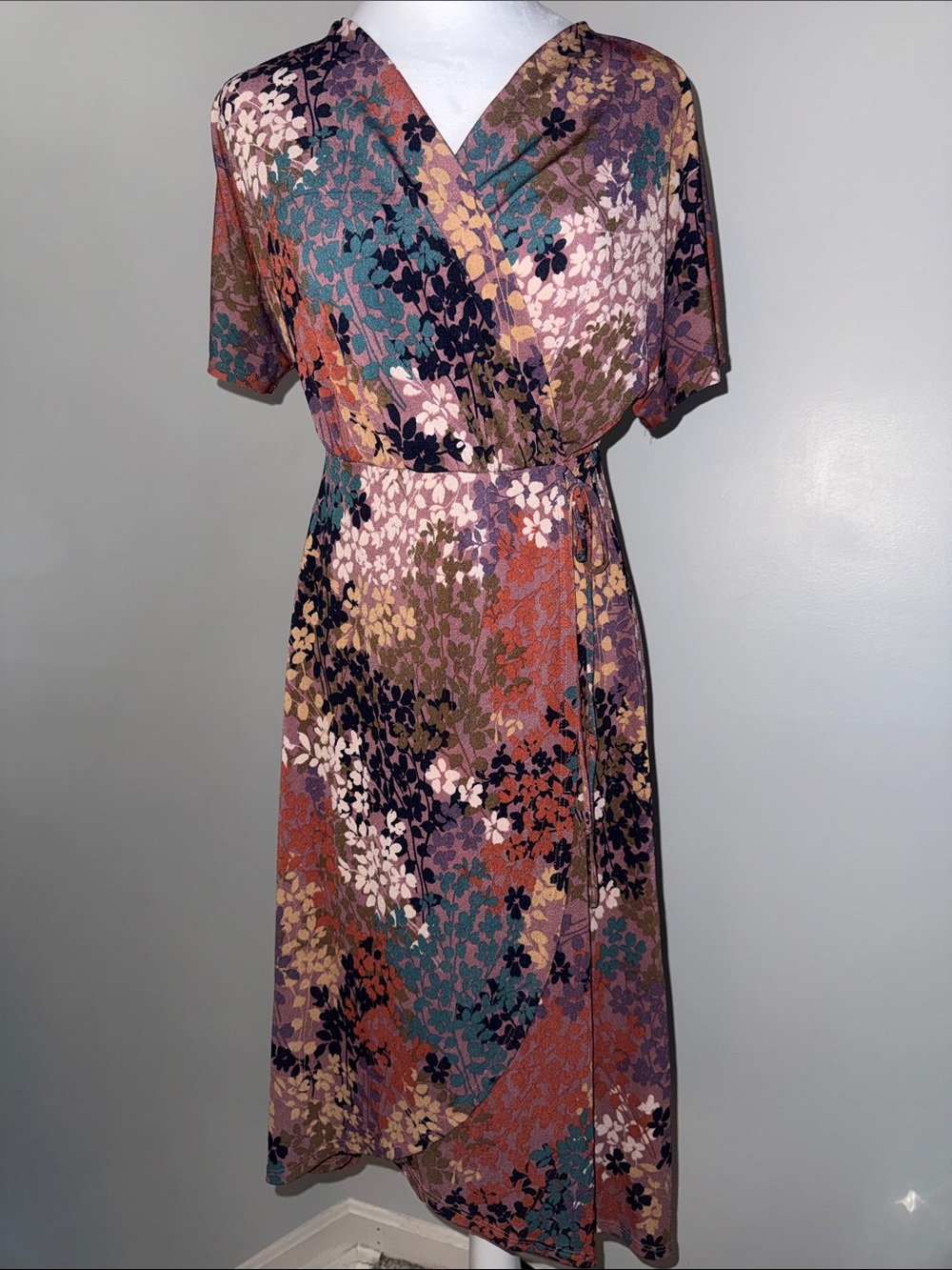Lush Floral Wrap Midi Dress in Teal, Mauve & Rust Sz Medium